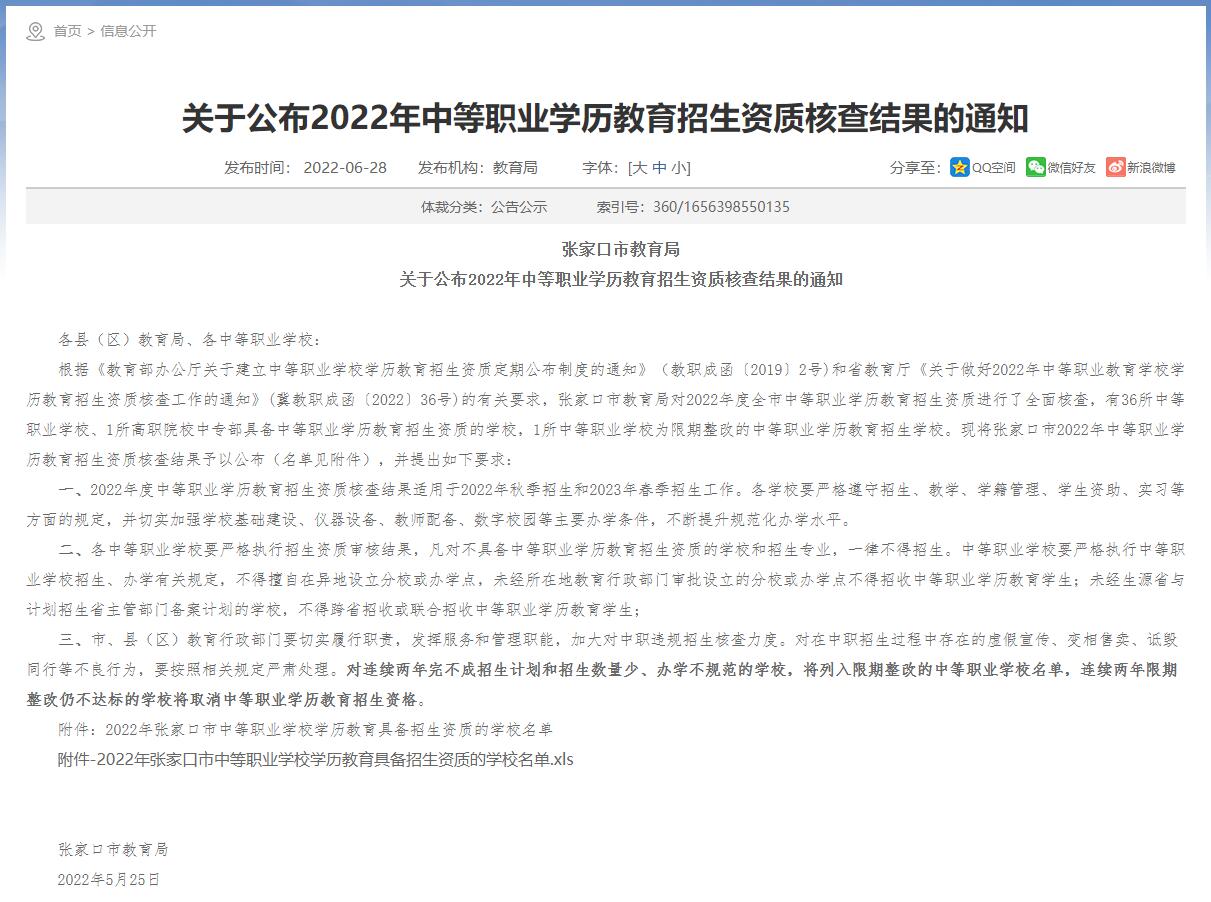 关于公布2022年张家口中等职业学历教育招生资质核查结果的通知