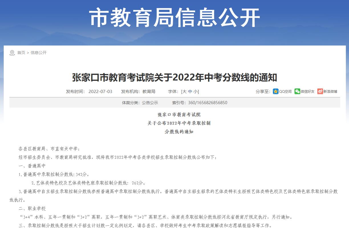 关于2022年张家口市中考分数线的通知