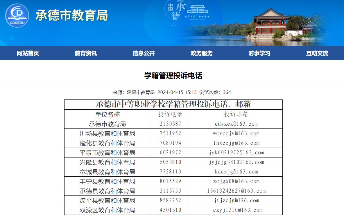 承德市中职学校学籍管理投诉电话、邮箱