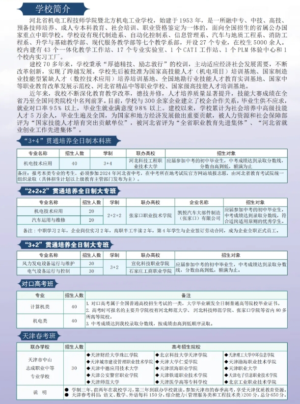 张家口中职|北方机电工业学校2024年招生简介及招生计划