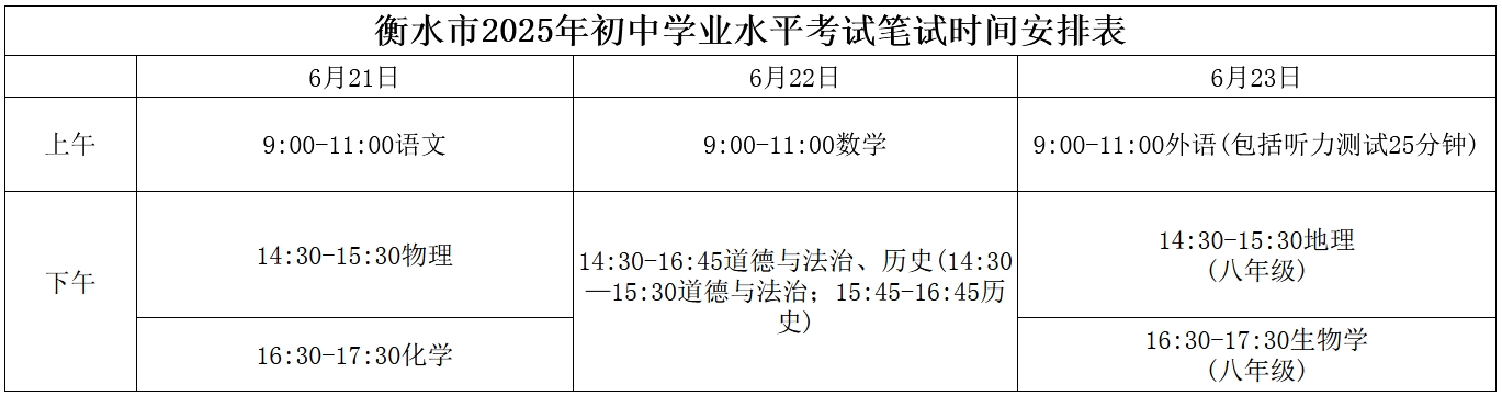 衡水市2025年初中学业水平考试笔试时间安排表 